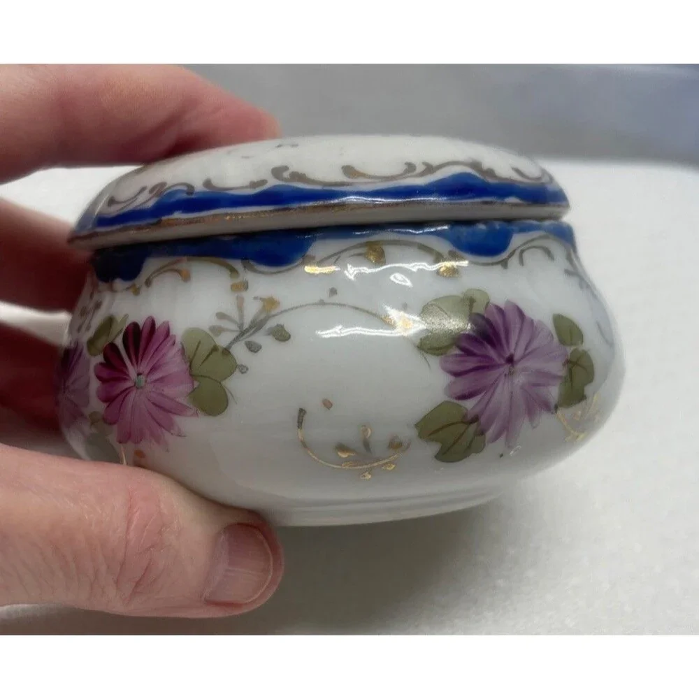 Vintage Covered Trinket Box w/ Lid Hand Painted Flowers Gift Decor Cottagecore
